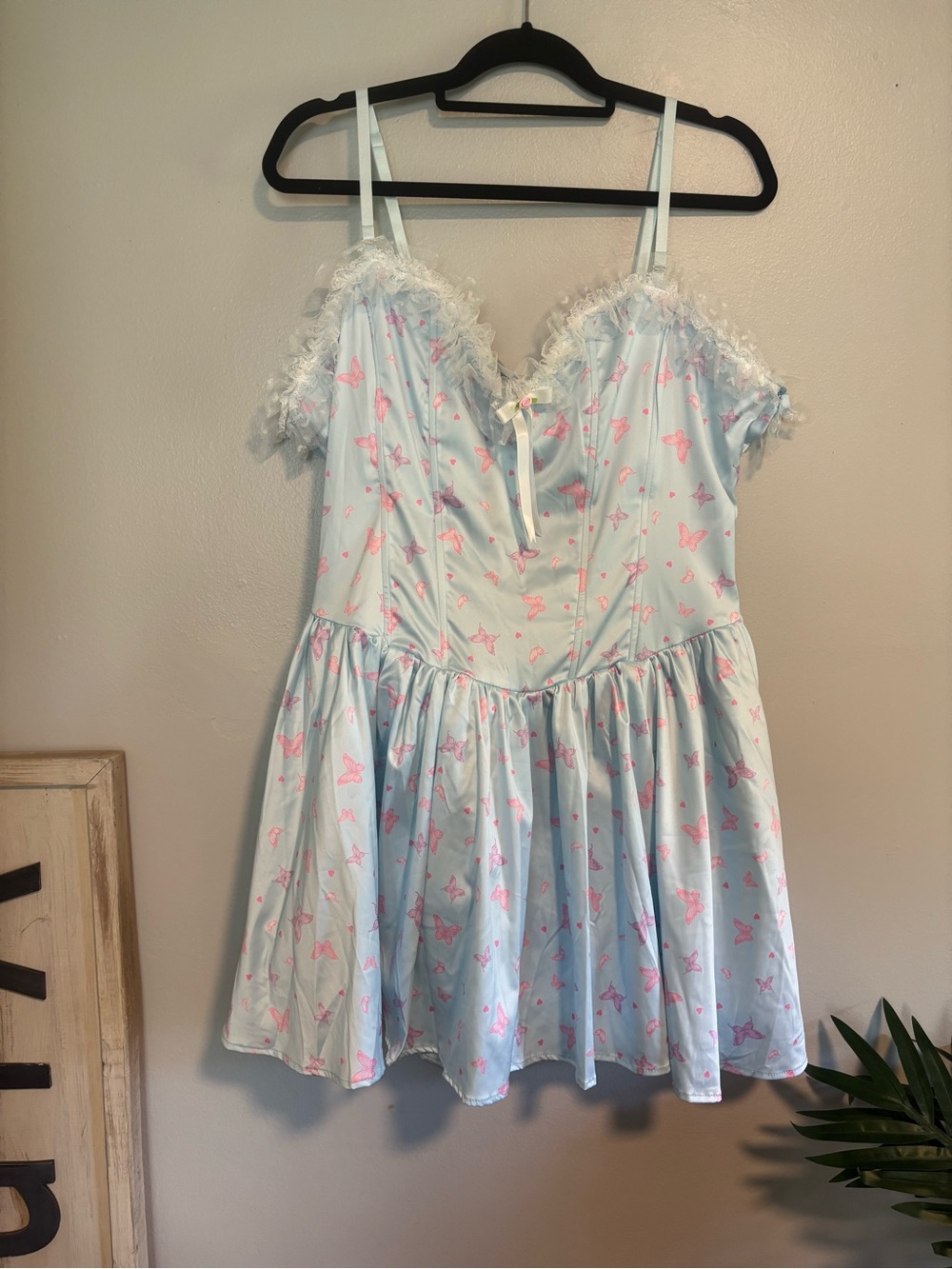 Dolls Kill Pastel Blue Slip Dress with Pink Butterfly Print